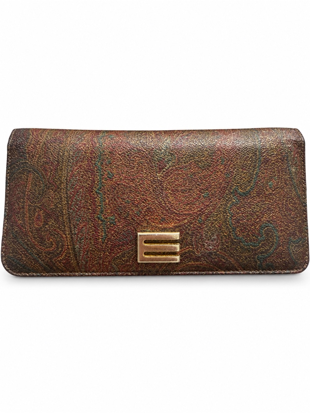 Etro Brown Paisley Leather Long Card Holder with Gold Emblem